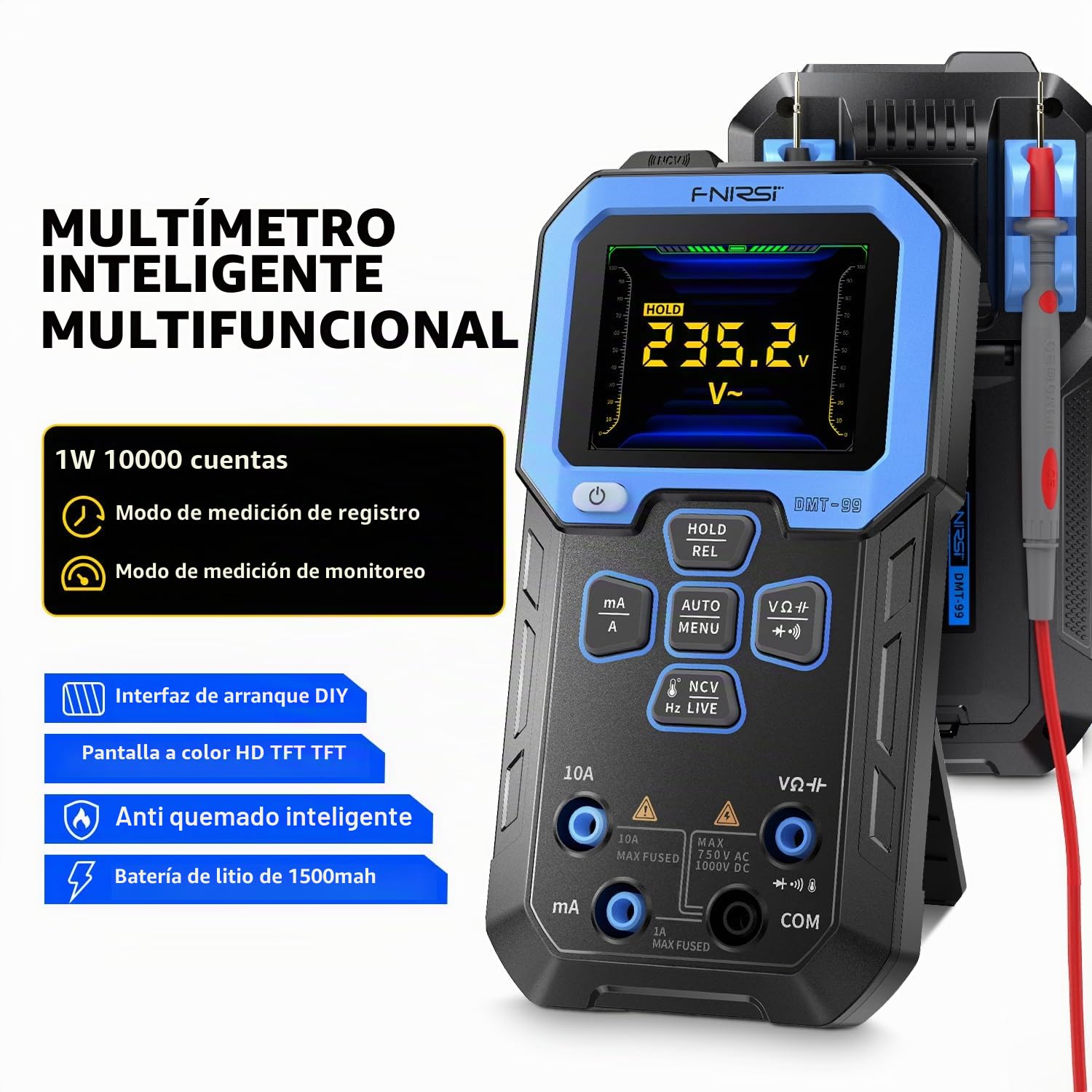 Fnirsi DMT-99 Multímetro digital portátil 10000 cuentas Voltaje Corriente Resistencia Capacitancia Frecuencia Temperatura NCV Tester (Fnirsi DMT-99)