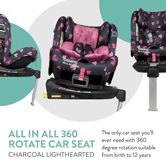 Cosatto All in All Rotate 360° Swivel Spin Car Seat - Group 0+123, 0-36 kg, 0-12years, ISOFIX, ERF, Anti-Escape (Charcoal Lighthearted)
