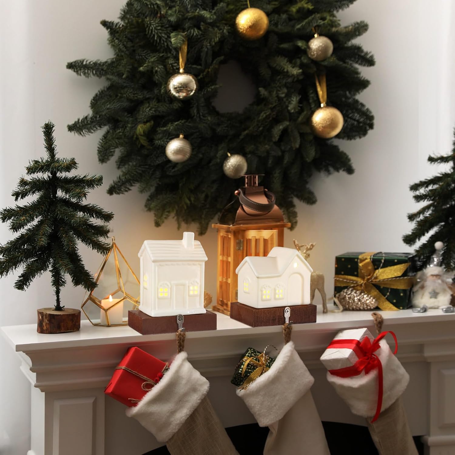 2 Pcs House Stocking Holder Christmas Stocking Holders for Mantle White House Stocking Holder LED Light up Stocking 3D Ceramic House Stocking Hanger Decorative Fireplace Mantle Stockings Hook