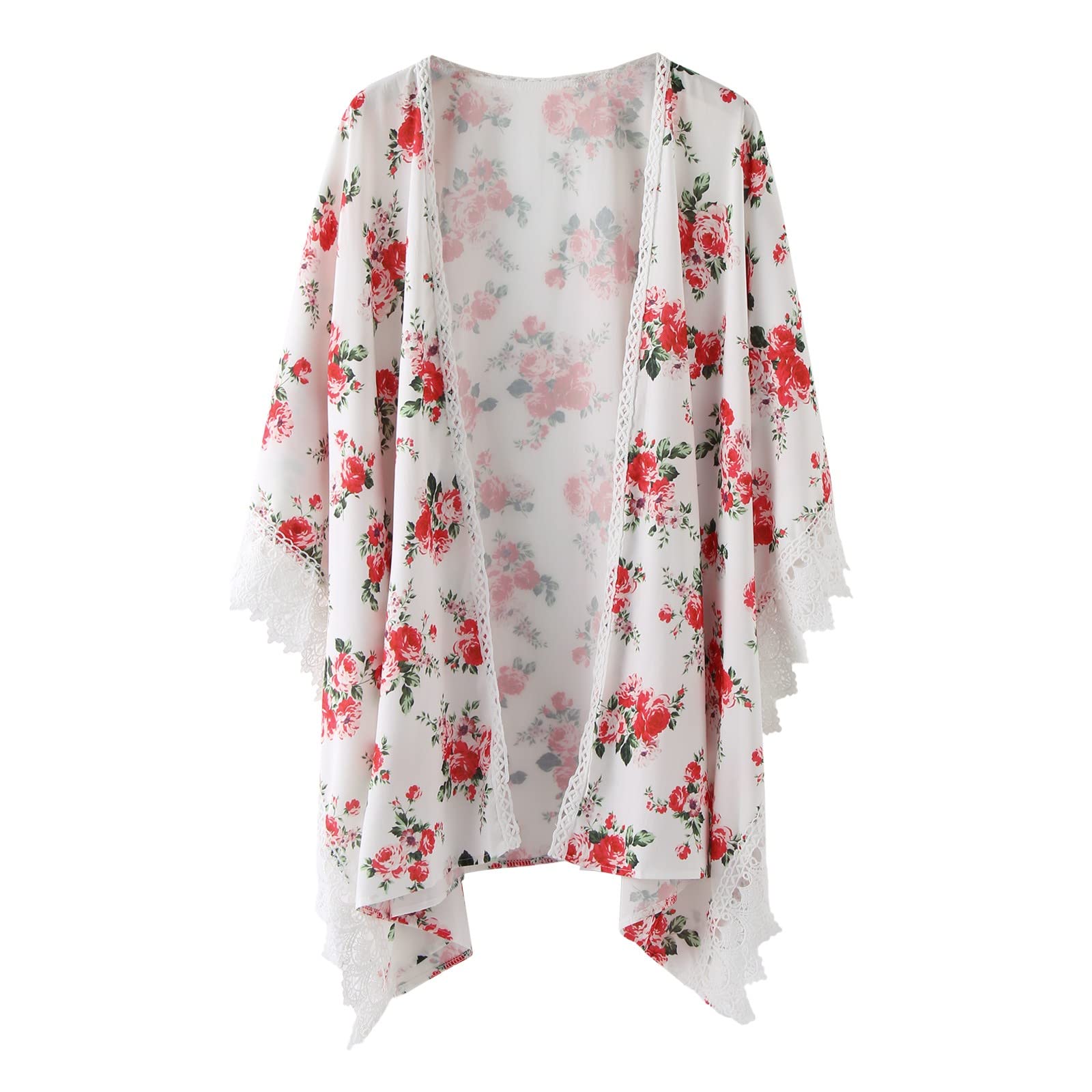 Women's Short Sleeve Cardigans Floral Pattern Tops Summer Loose Blouses Fashion Open Front Top Oversized Comfortable Lace Hem Cardigan Boho Holiday Outwear with Sun Protection Printed T-Shirt - XXL - plain red