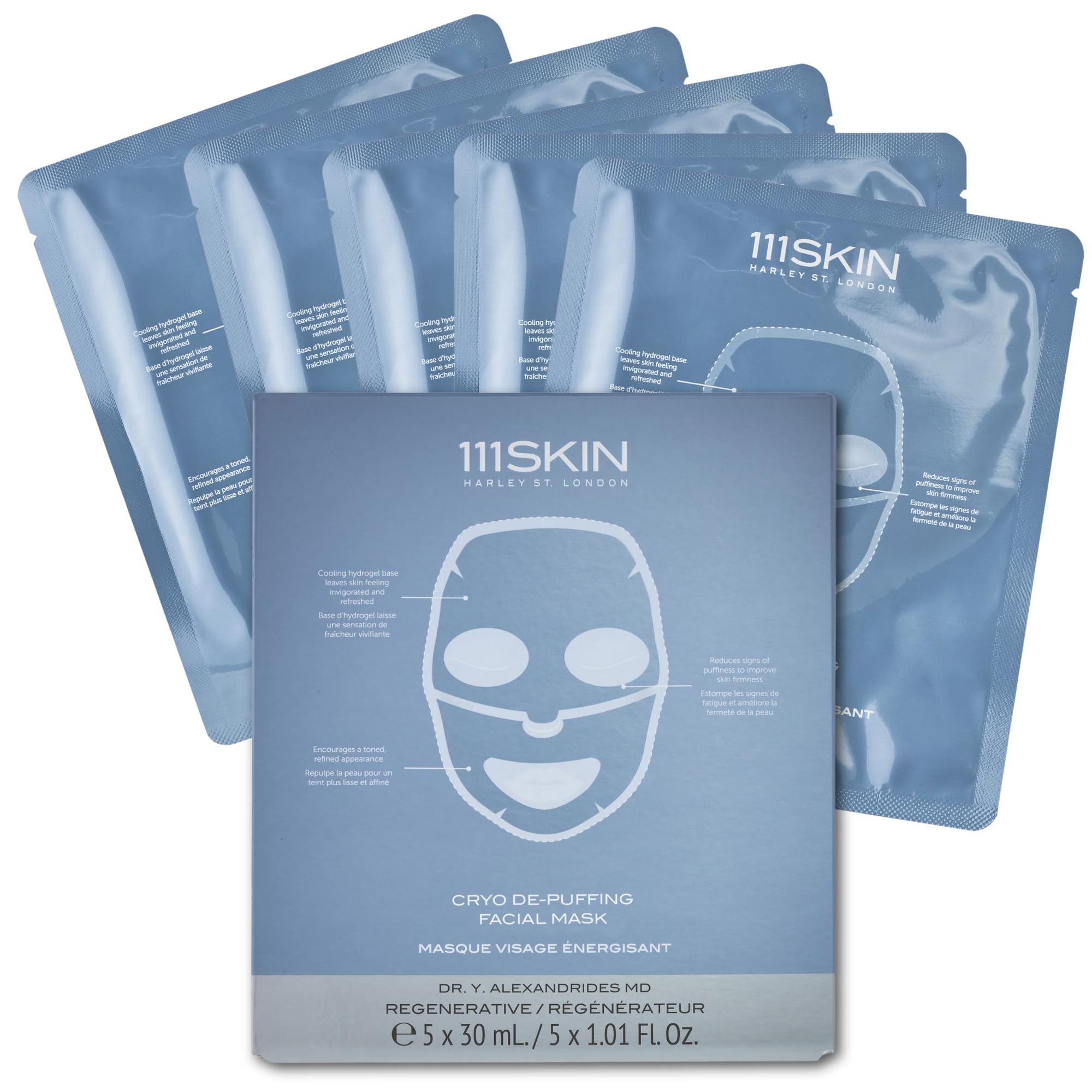 111SKIN Sub-Zero De-Puffing Energy Facial Mask | Fragrance Free | Tighten, De-Puff & Refresh | Peptides & Caffeine | Set of 5 (1 oz each)