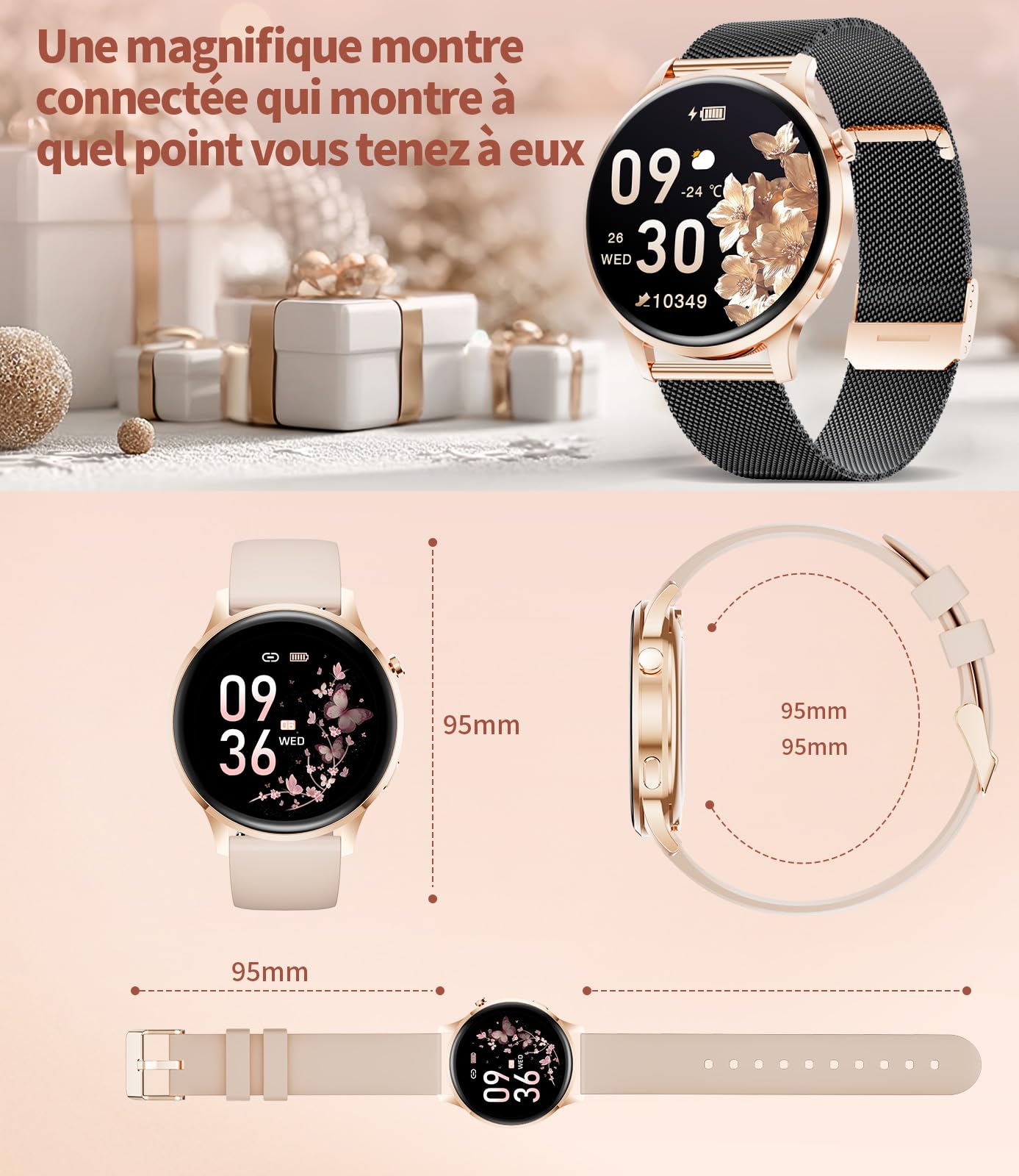 Montre Connectée Femme, Écran AMOLED 1,32" Ultra-fin Elégante Montre Femmes avec 2 Bracelets & 2 Câbles, 116 Modes Sport, Suivi du Cycle/Fréquence Cardiaque/Sommeil pour Android iOS, IP68, FV23-G
