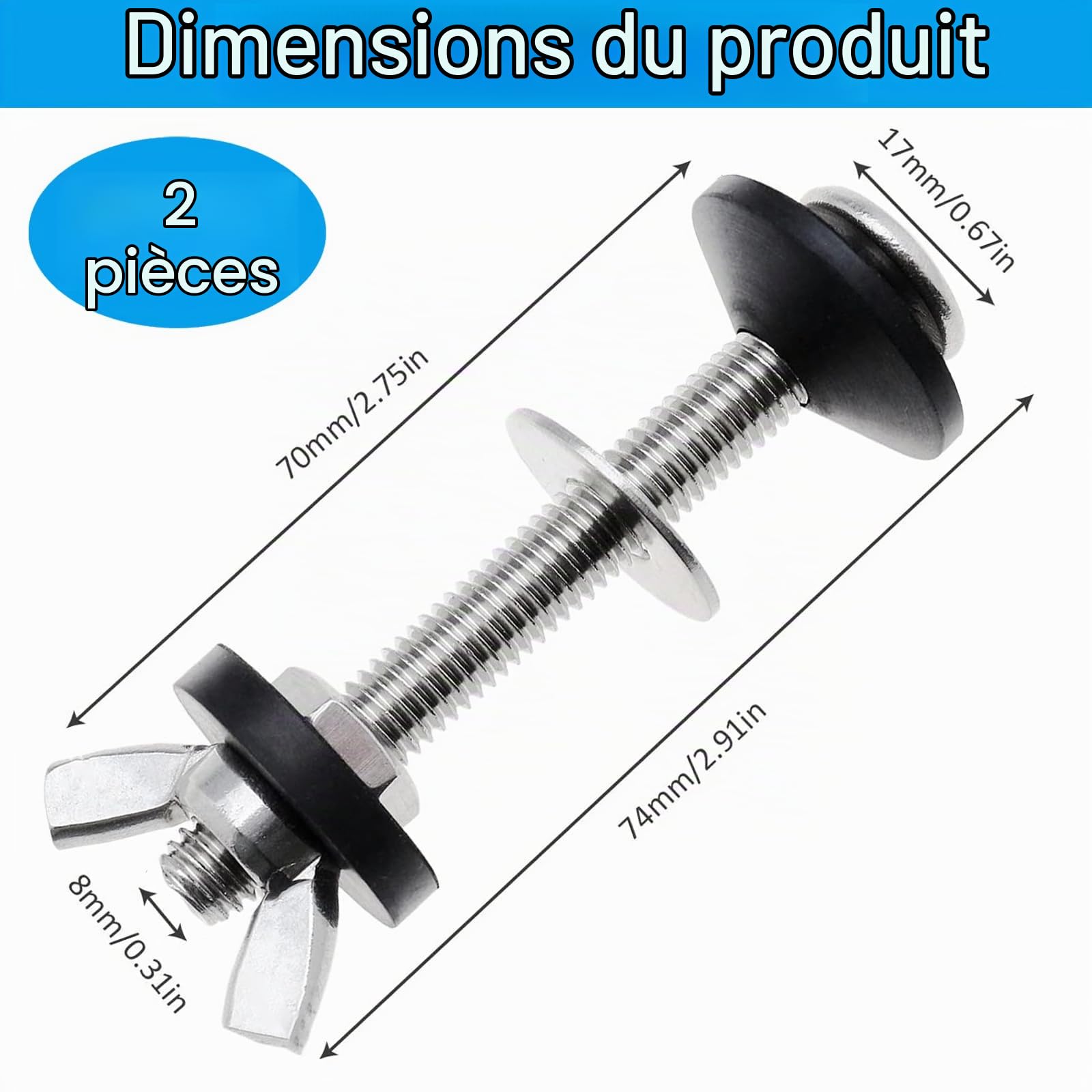 2 Pièces Boulon de Toilette kit Fixation Réservoir WC Boulons de Réservoir de Toilettes à Cuvette Kit de Fixation en Acier Inoxydable