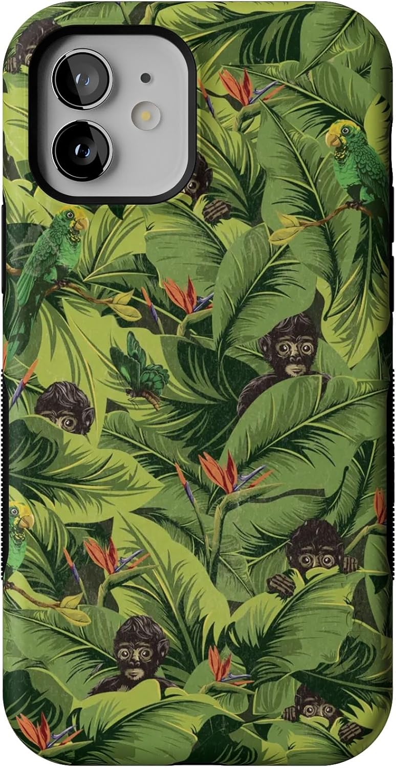 Casely iPhone 12/12 Pro Case | Sneaky Monkeys | Frida Kahlo Jungle Floral | Bold Protective Design | Compatible with MagSafe