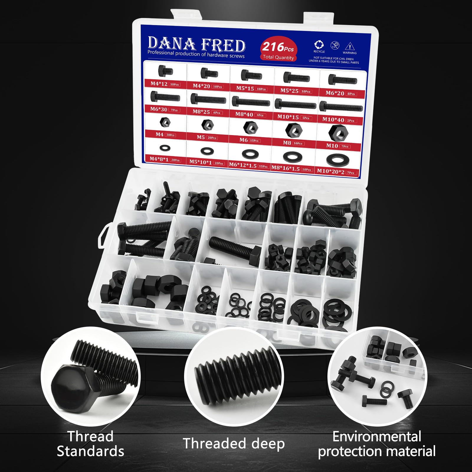216pcs Black Nylon Hex Screw Nut Washer Kit - M4 To M10 Assortment For Electronics & PCB