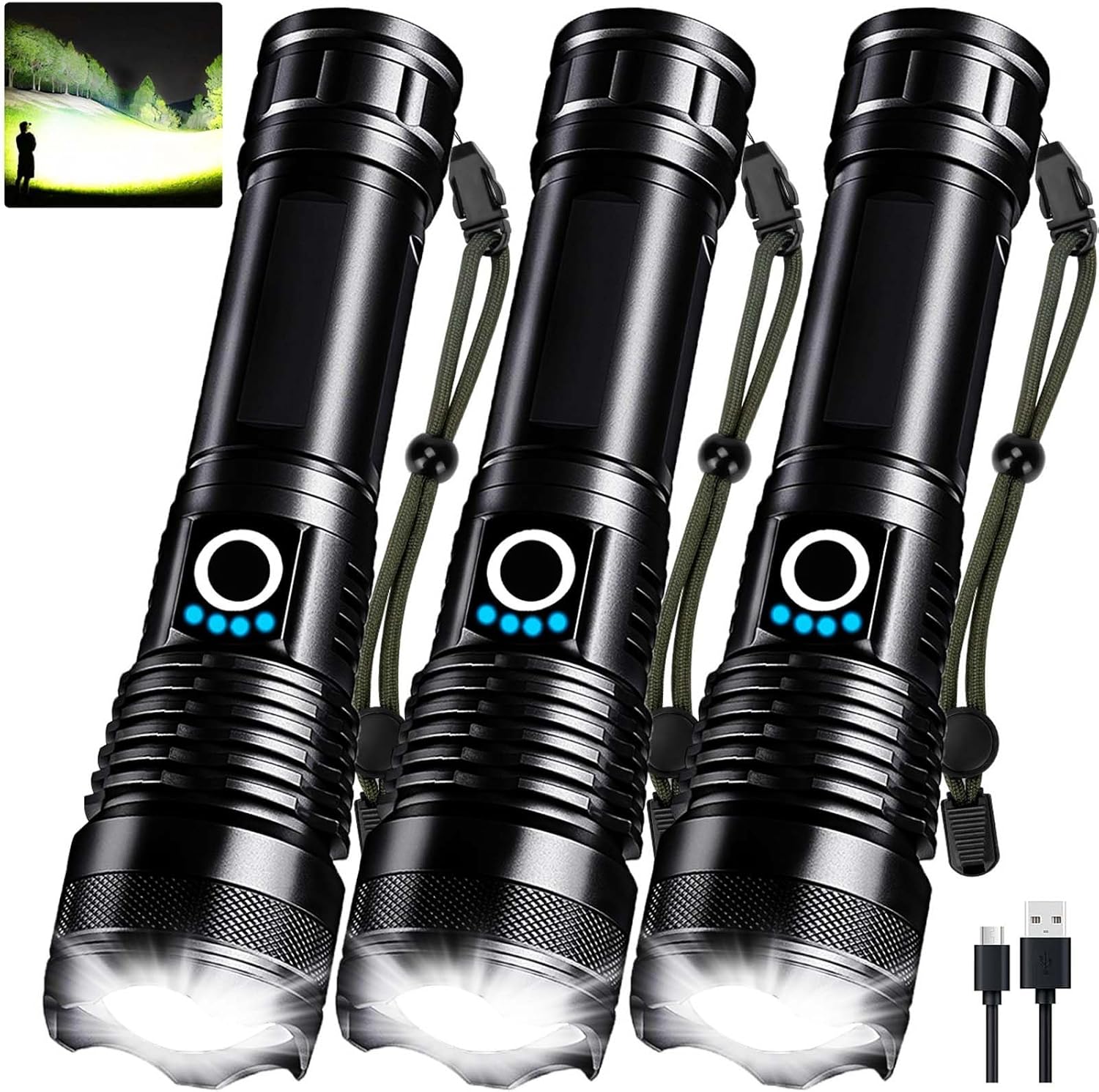 3 Pack Rechargeable LED Flashlights High Lumens, 90,000LM Super Bright Flashlight, Adjustable 5 Modes Powerful Flash Light with USB Cable, Waterproof Handheld Flashlight for Home Camping Emergencies 3 Pack Rechargeable LED Flashlights High Lumens, 90,000LM Super Bright Flashlight, Adjustable 5 Modes Powerful Flash Light with USB Cable, Waterproof Handheld Flashlight for Home Camping Emergencies