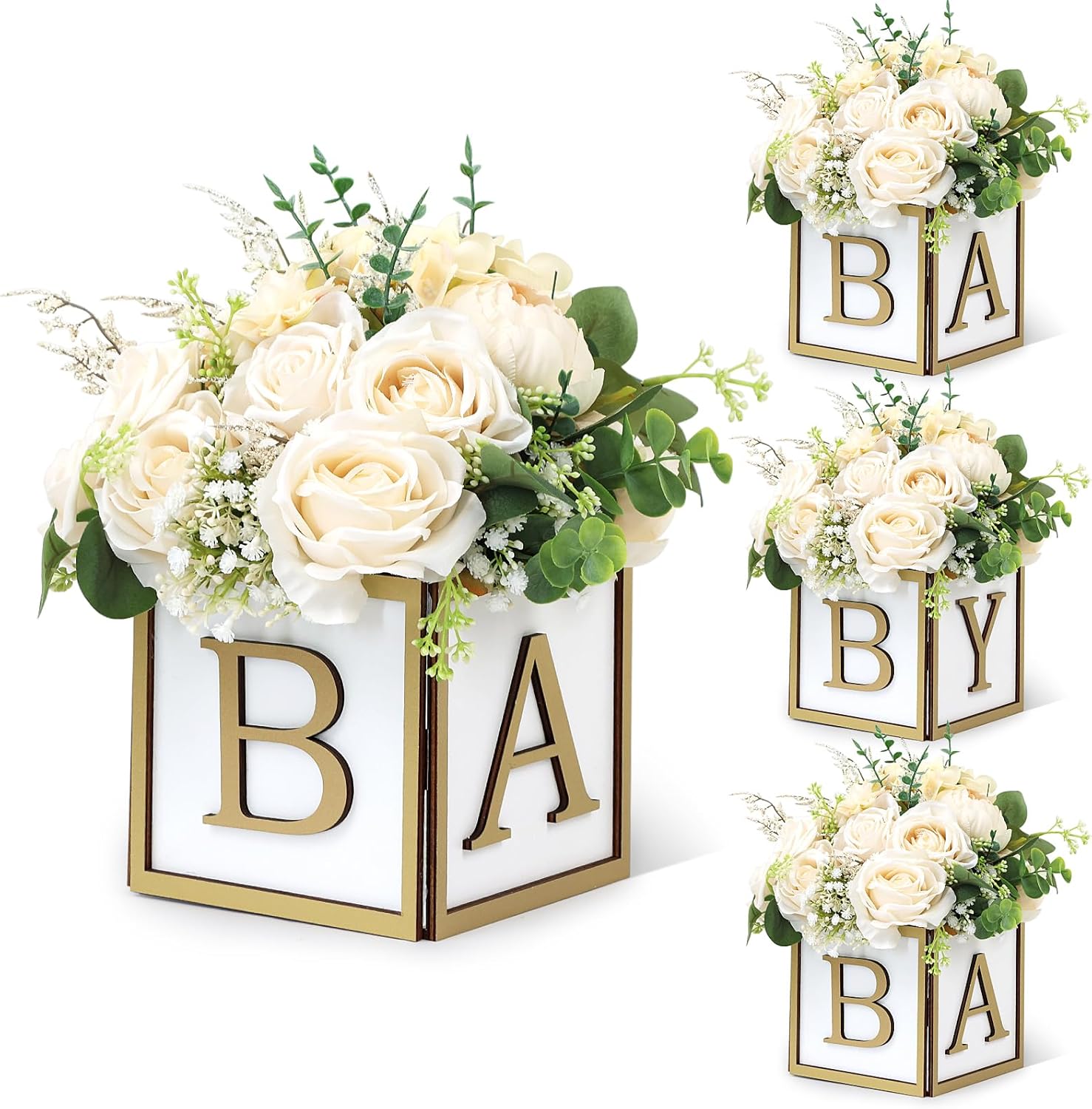 4 Set Baby Shower Centerpieces for Tables - 6 inch Wooden Boxes with Baby Letters Rustic Cube Planter Wood Blocks for Gender Reveal Party Favor (Gold)