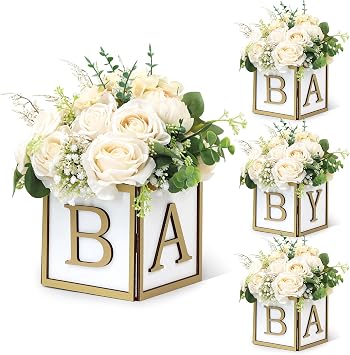 4 Set Baby Shower Centerpieces for Tables - 6 inch Wooden Boxes with Baby Letters Rustic Cube Planter Wood Blocks for Gender Reveal Party Favor Gold