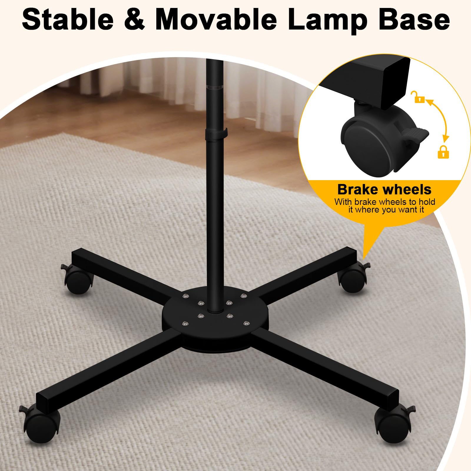 CGBE Lámpara Extensiones Pestañas de Pie: Ultra Ancha Plegable Lámpara Pestañas con Cabezal Giratorio 360° - Base Rodante - Altura Ajustable - Lampara Estetica con Soporte Móvil para Pestañas/Tatuajes