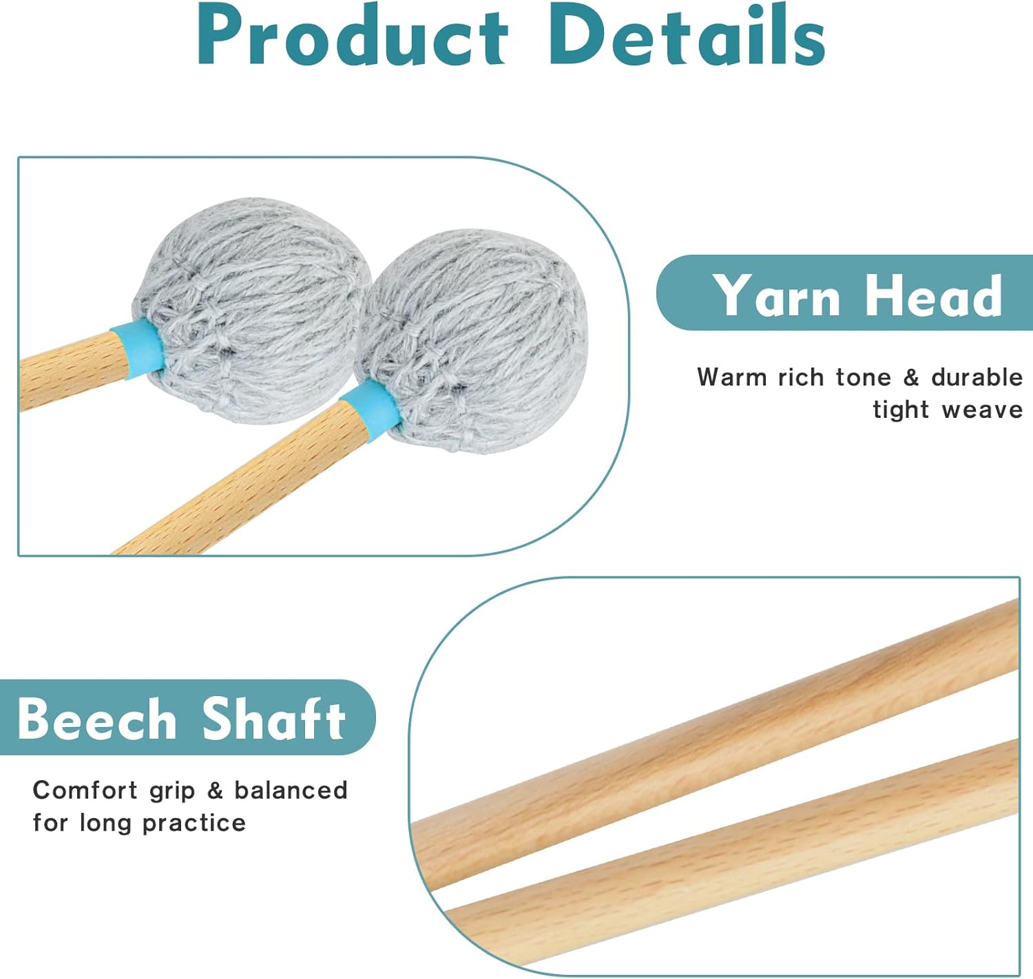 Professional Marimba Mallets -M3 Hard Yarn Heads with Beech Wood Handle Keyboard Percussion Accessories for Xylophone Glockenspiel Vibraphone with Professionals and Advanced Players