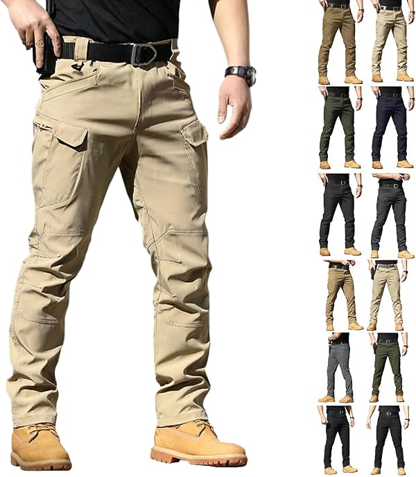 Pantalones de trabajo de carga para hombre, tácticos, elásticos, impermeables, casuales para viajes y senderismo con múltiples bolsillos (sin cinturón)