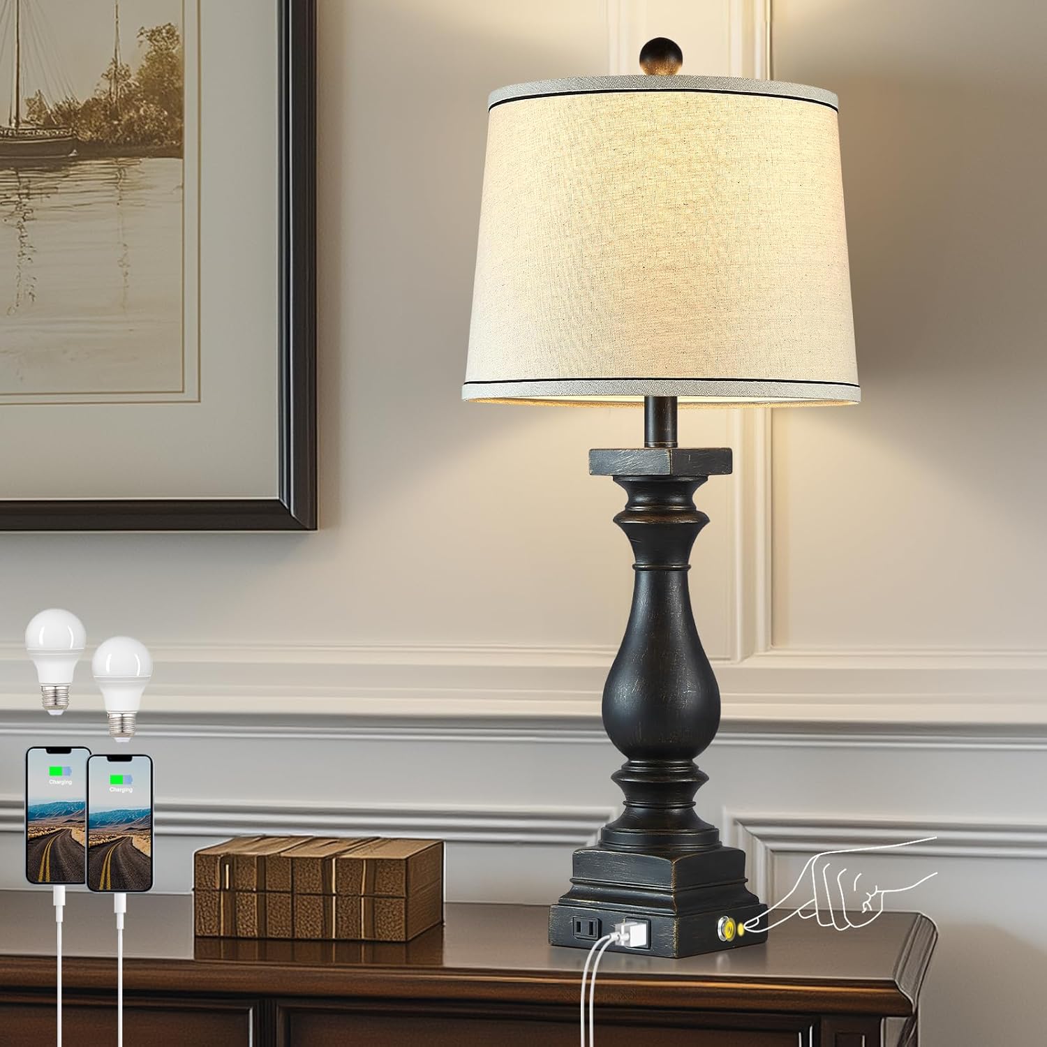 Lámparas de mesa de granja de 28 pulgadas de alto con puertos USB C+A y salida de CA, control táctil de 3 vías, lámparas rústicas para dormitorio,