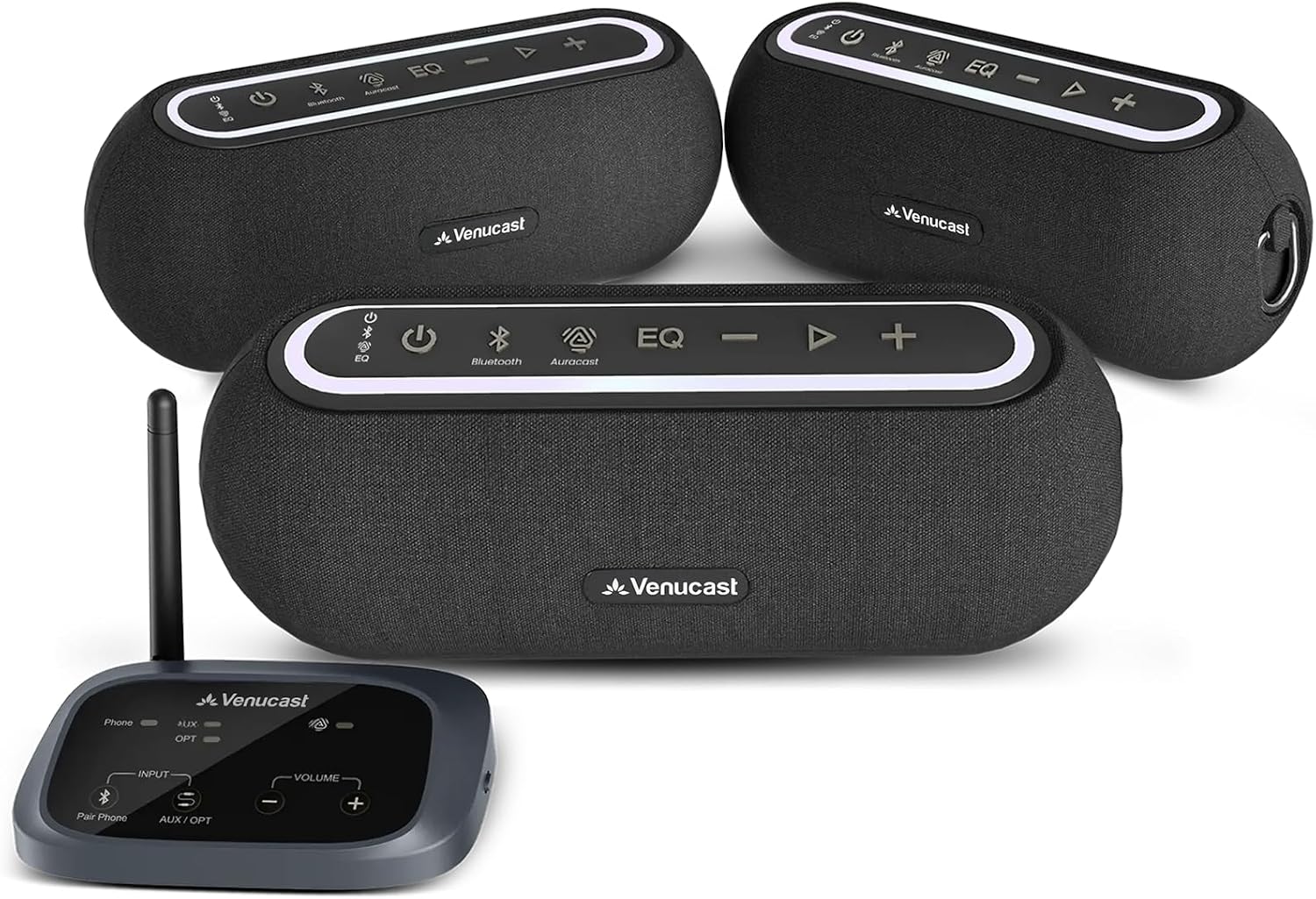 Venucast Harmony A2 – Wireless Auracast Speaker System for Background Audio | Expandable Setup, One-Button Control, Bluetooth/Optical/AUX Input, for Restaurants, Stores & Small Venues