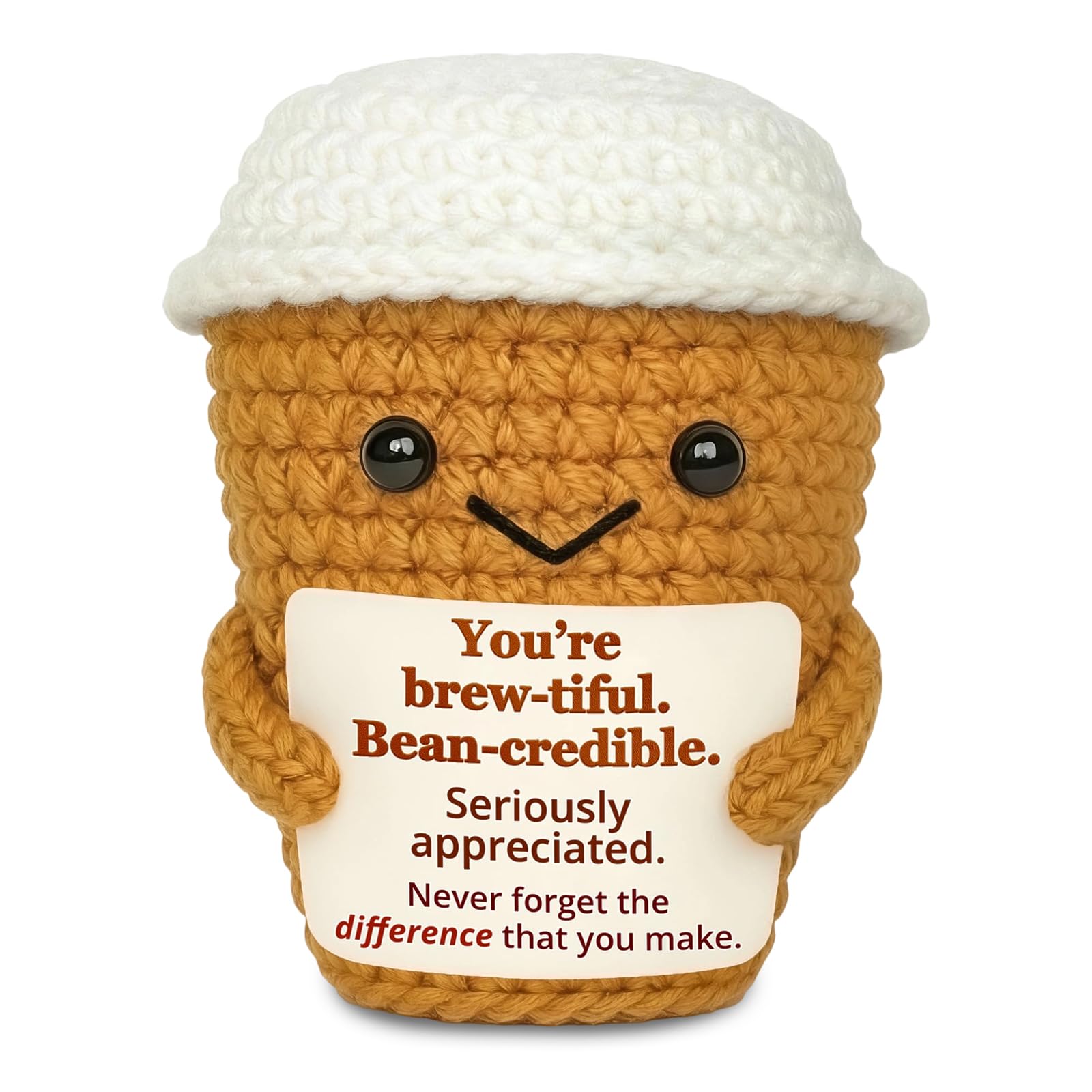 Funny Positive Coffee Gifts, Handmade Crochet Emotional Support Coffee with Inspirational Quotes, Gifts for Women Office Workers, Stress Relief Gift for Anxiety, You're Brew-tiful