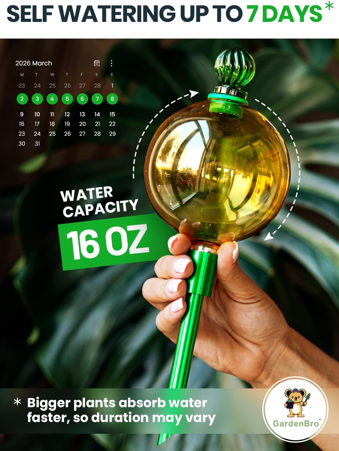 16 Oz Plant Watering Globes for Indoor Plants with Metal Self Watering Planter Insert - Premium XL Glass Hand-Blown Globe - Automatic Plant Waterer Indoor, Gift Idea for Gardeners [1 Globe, Golden]