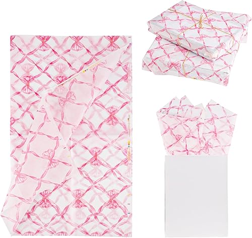 30 piezas de papel de seda con estampado de pajarita de red rosa, papel de seda de embalaje de 14 x 20 pulgadas, papel de envoltura de regalo, hojas