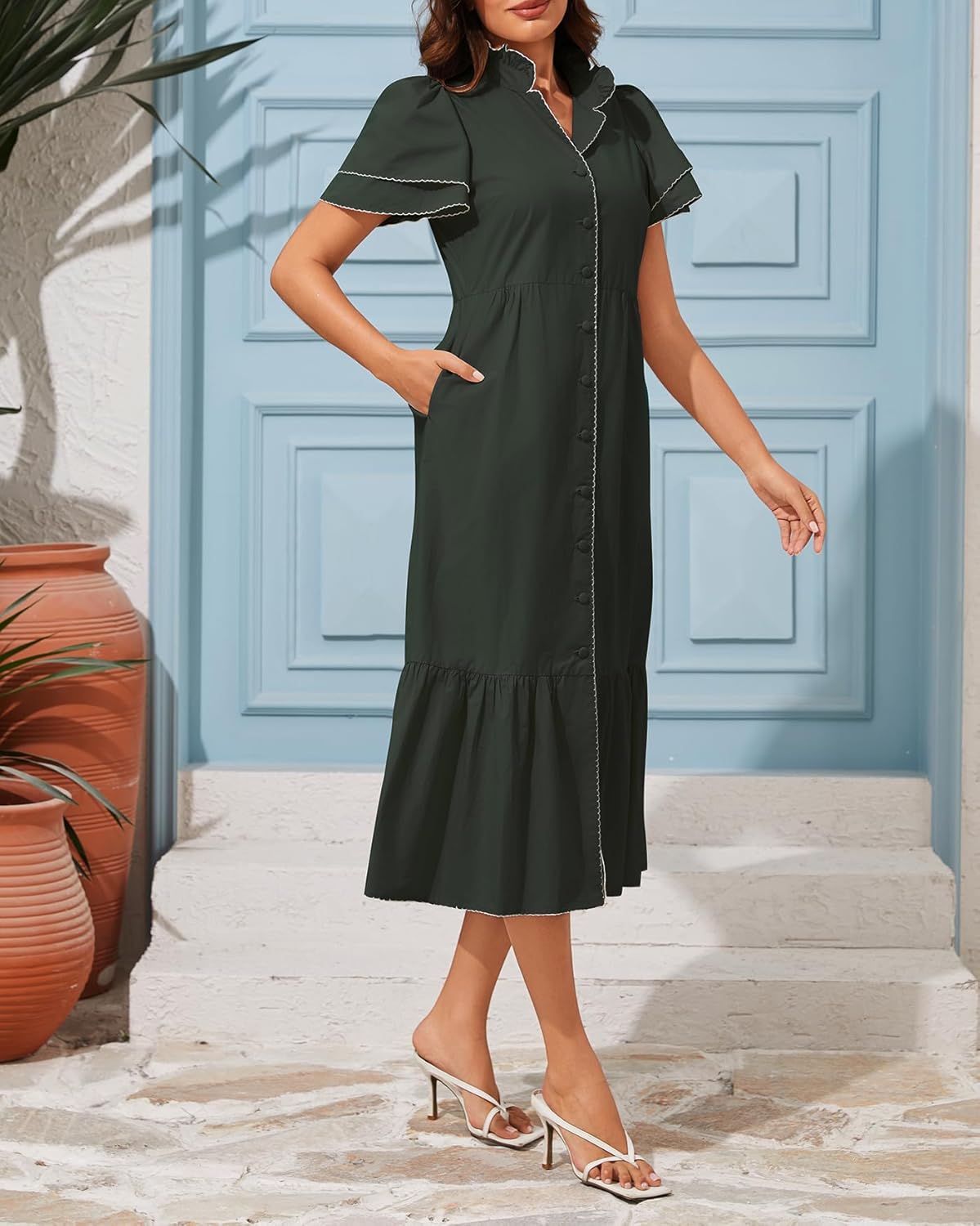 Kedera Women Maxi Petal Sleeve Button Down Dress Cover Ups Beach Dresses Ruffle Stand Collar Casual Dress - Image 5