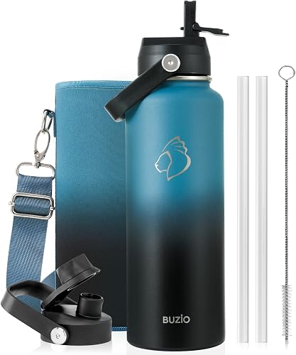 BUZIO Insulated Water Bottle 1.2L Stainless Steel with Straw & Spout Lid