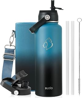 BUZIO 1,2L Edelstahl Trinkflasche isoliert mit Strohhalm & Ausgussdeckel