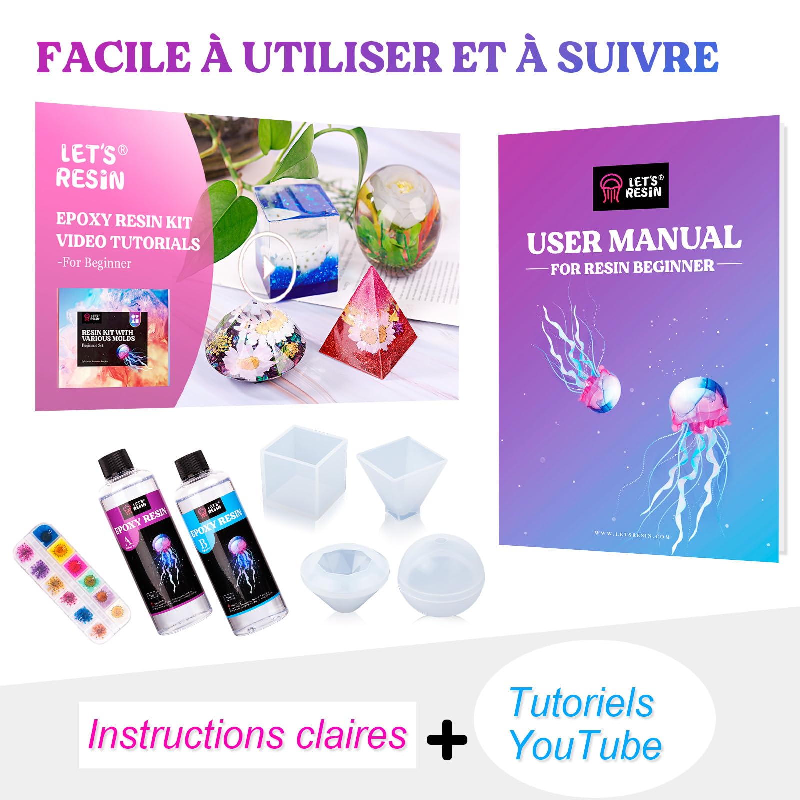 LET'S RESIN Epoxy Resin Kit Complet, 500ml Kit Resine Epoxy Complet Débutant avec Moule Resine Epoxy