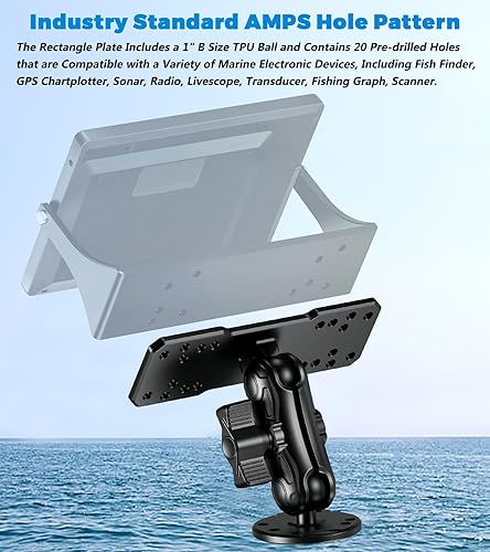 Miniatura 5 de VAZESWIN Soporte de buscador de peces de aleación de aluminio con placa rectangular de bola de tamaño B de 1 pulgada y base redonda, brazo mediano