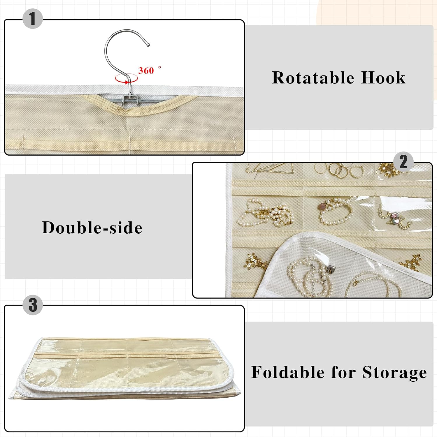 Hanging Jewelry Organizer 80-Pocket Double-Sided, 1-Pack, White and Beige image 5