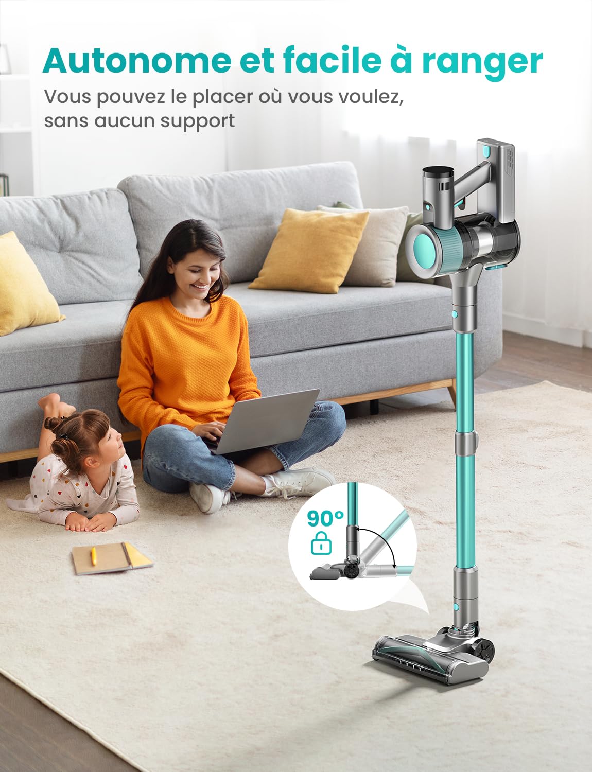 Aspirateur Balai sans Fil 45KPa, Aspirateur sans Fil Puissant, 50 Min Autonomie, Batterie Amovible, Brosse Anti-Enchevêtrement LED, Aspirateur Léger pour Poils d'animaux, Tapis, Sols Durs Canapé