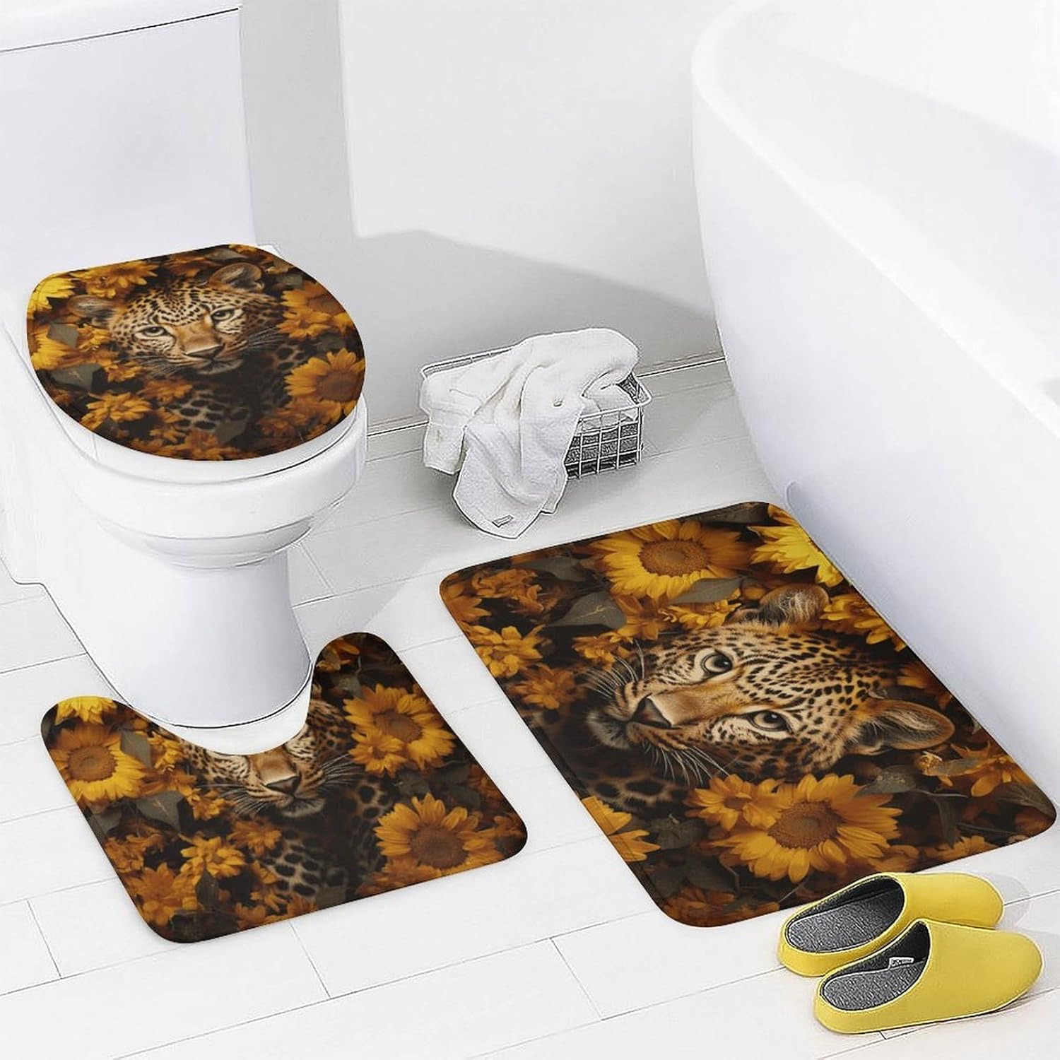 Leopard and Sunflower Shower Curtain Set 4 Piece, Non-Slip Bath Mat with Toilet Lid Cover and Waterproof Shower Curtain with 12 Hooks, Complete Bathroom Set for Home Decor