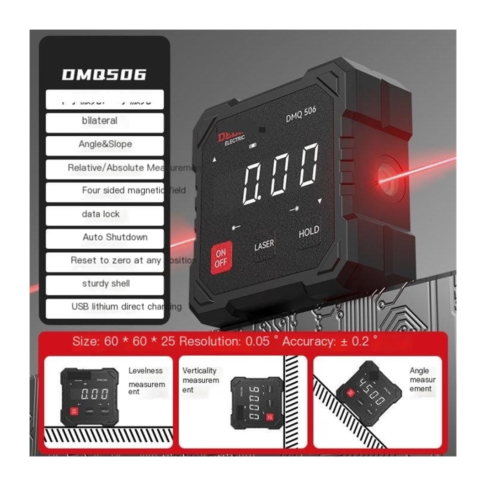 Inclinometro Digitale, DMQ503B/506 Livello Elettronico Digitale LCD Goniometro Pendenza Misuratore di Angolo Strumenti di Misurazione(DMQ506(Four-sided magnetic))