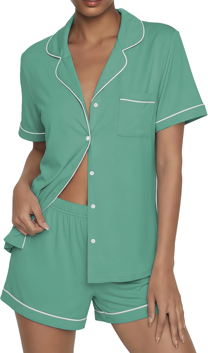 Ekouaer Womens Pajama Sets Button Up Summer Cute Pjs 2 Piece Short Sleeve Sleepwear Lounge Set Gray Green