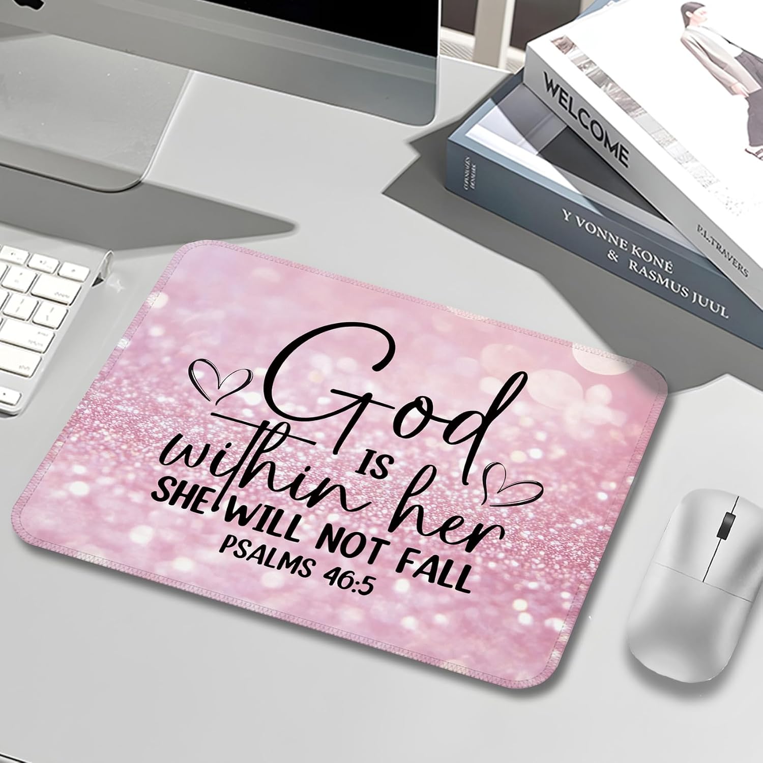 Pink Christian Mouse Pad,9.5x7.9 Inch，God is Within Her She Will Not Fall Bible Verse Mouse Pad for Wireless Mouse Computers Laptop Desk Accessories, Christian Gifts for Women image 3