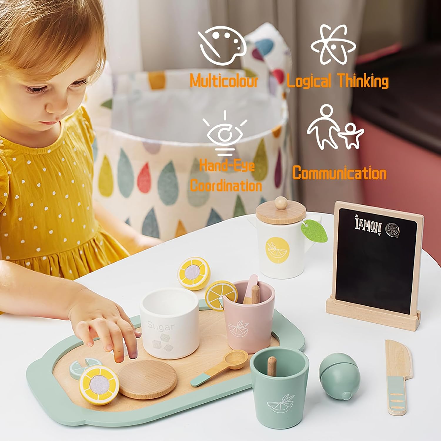 Wooden Tea Party Set for Little Girls, Pretend Play Kids Tea Set Wood Toys, Wooden Play Food Kitchen Accessories Sets for Kid (Lemon Tea) image 5