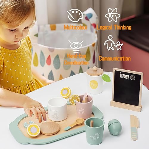 Miniatura 5 de Juego de té de madera para niñas pequeñas, juego de té para niños pequeños, juguetes de madera, accesorios de cocina para niños pequeños (té de