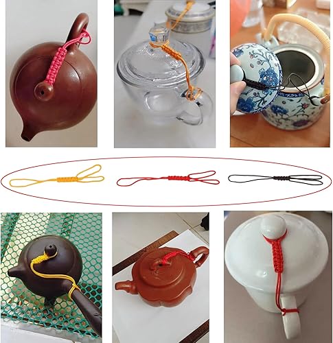 Miniatura 5 de Paquete de 6 teteras con tapa para colgar, cuerda de amarre tejida a mano que no se cae, cubierta superior, cordón para tetera de hierro fundido,