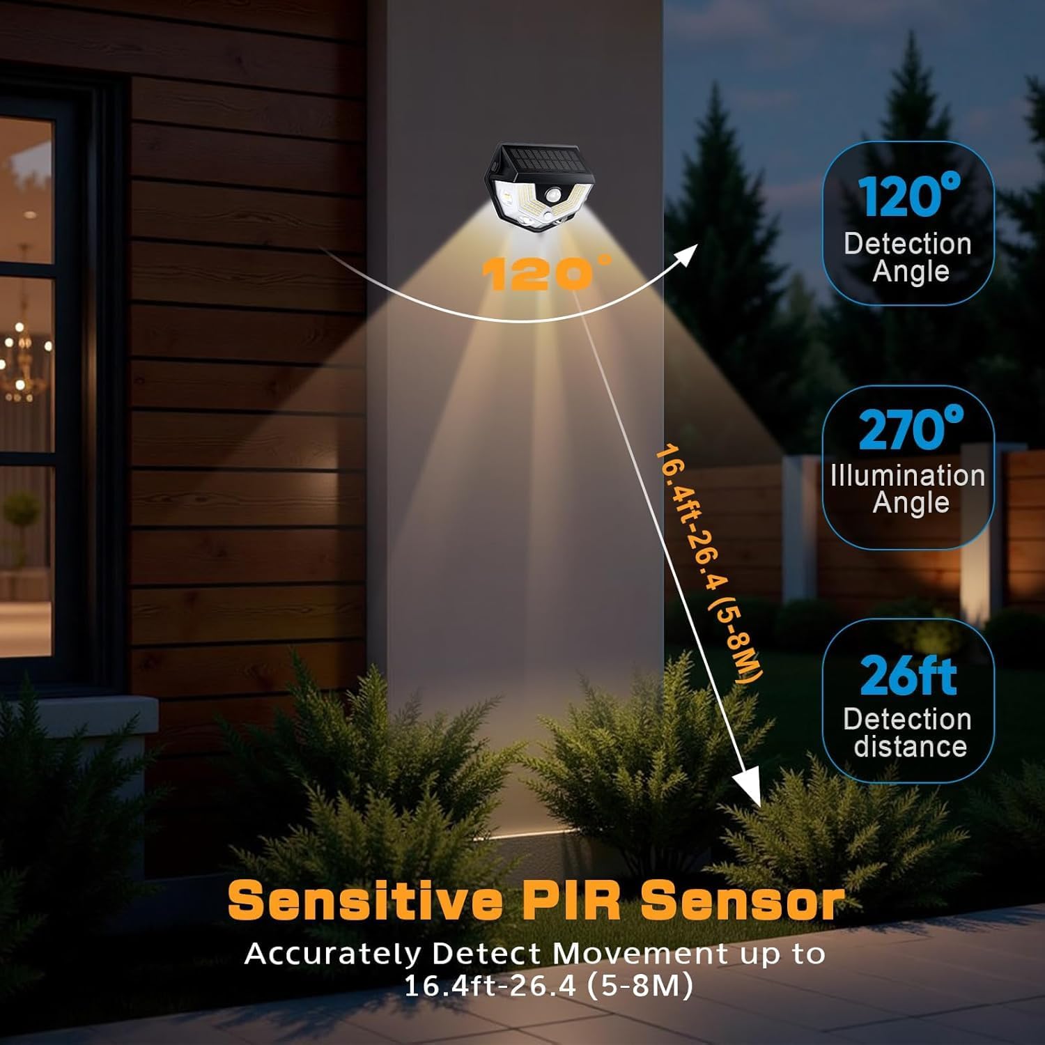 Solar Motion Sensor Light, 270° Wide Angle, IP65 Waterproof, Outdoor Security Light for Front Door, Yard, Garage（4 Pack