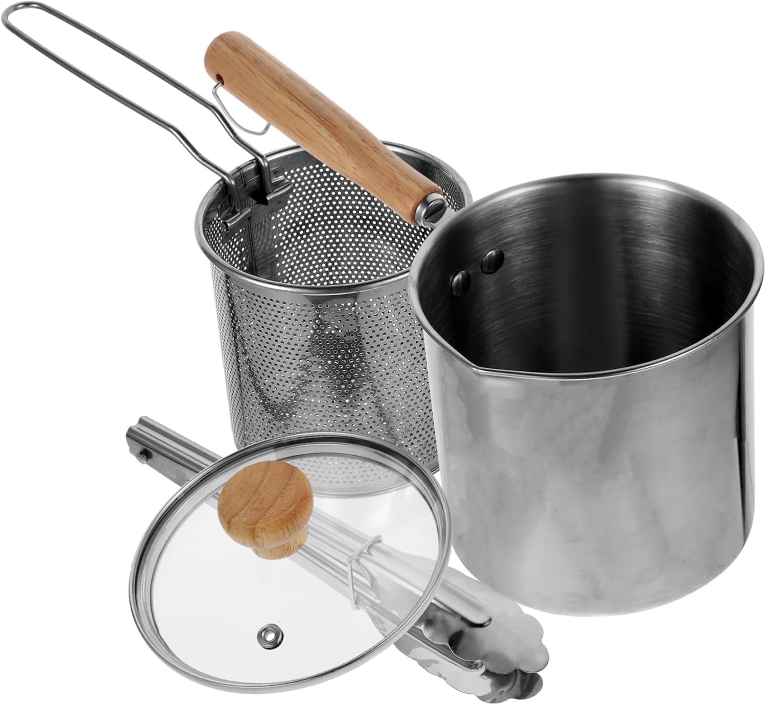 Alipis 1Set Stainless Steel Deep Fryer with Frying Basket Food Tong Lid Compact Deep Frying Pot for Quick Heating of Fish Chicken and Fries Kitchen Essential