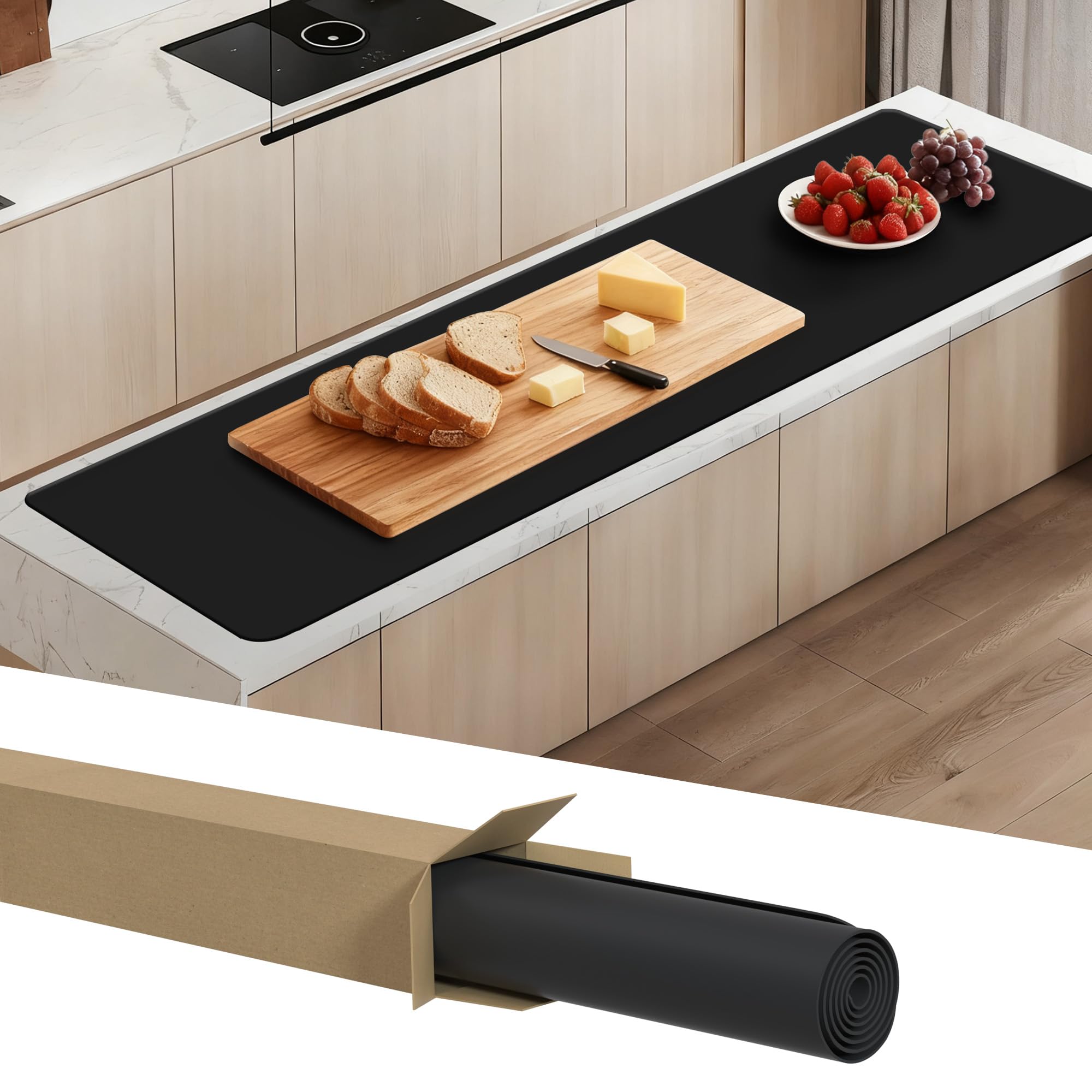 ​​SOSMAR Large Silicone Mats for Worktops 125X40cm, Heat Resistant Waterproof Nonstick Kitchen Counter Protector, Non-Slip Silicone Sheet for Resin, Craft Painting, Table Placemat - Black