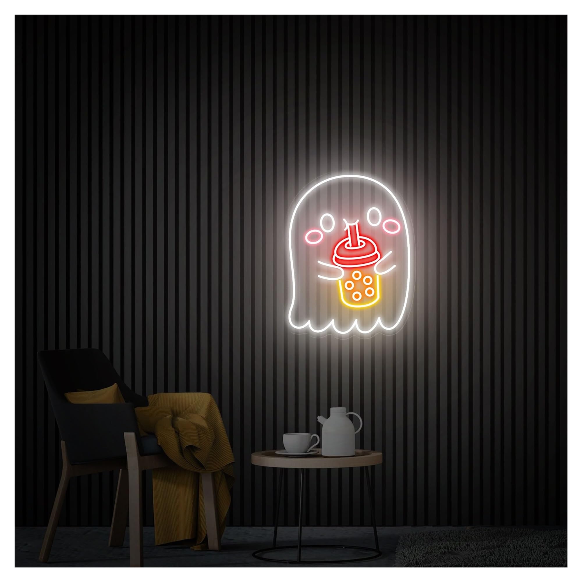 RONGCH Hanging Art Signs Ghost Drinking Bubble Tea Neon Sign,Suitable for Cafe Wall Decor with Dimmable 31cmx40cm(B)
