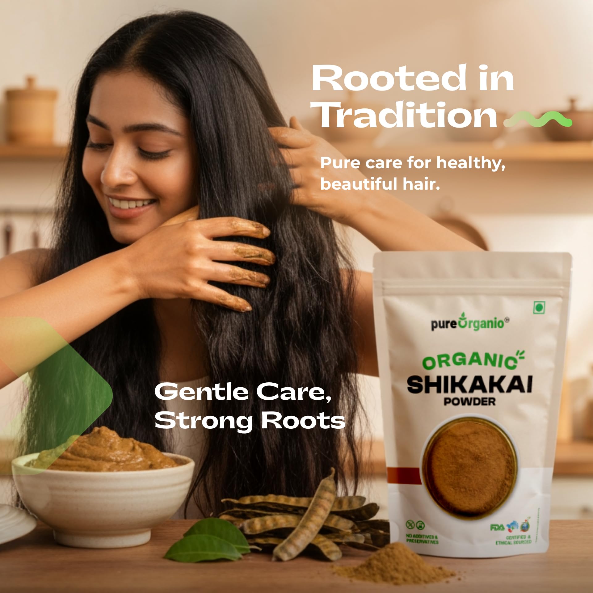 Pure Organio Organic Shikakai Powder for Hair Growth & Hair Fall Control | Sulfate-Free Natural Hair Wash, Cleanser & Conditioner | NPOP & India Organic Certified Herbal Powder (100g) 1