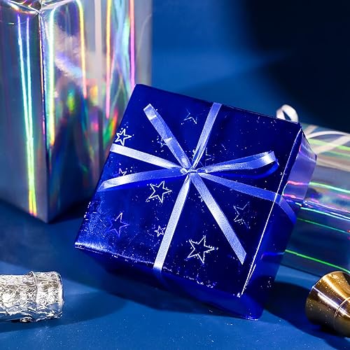 Miniatura 5 de LeZakaa Rollo de papel de regalo holográfico, mini rollo, estrella azul, rayas rojas, colores plateados para el día de la independencia, cumpleaños,