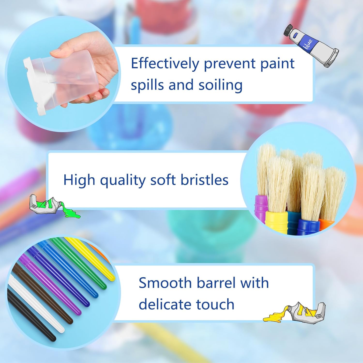 Gueevin 30pcs No Spill Paint Cups with Lids for Kids Toddler Children and Paint Brushes for Kids Painting Art Supplies Preschool Classroom Christmas, 10 Colors (White)