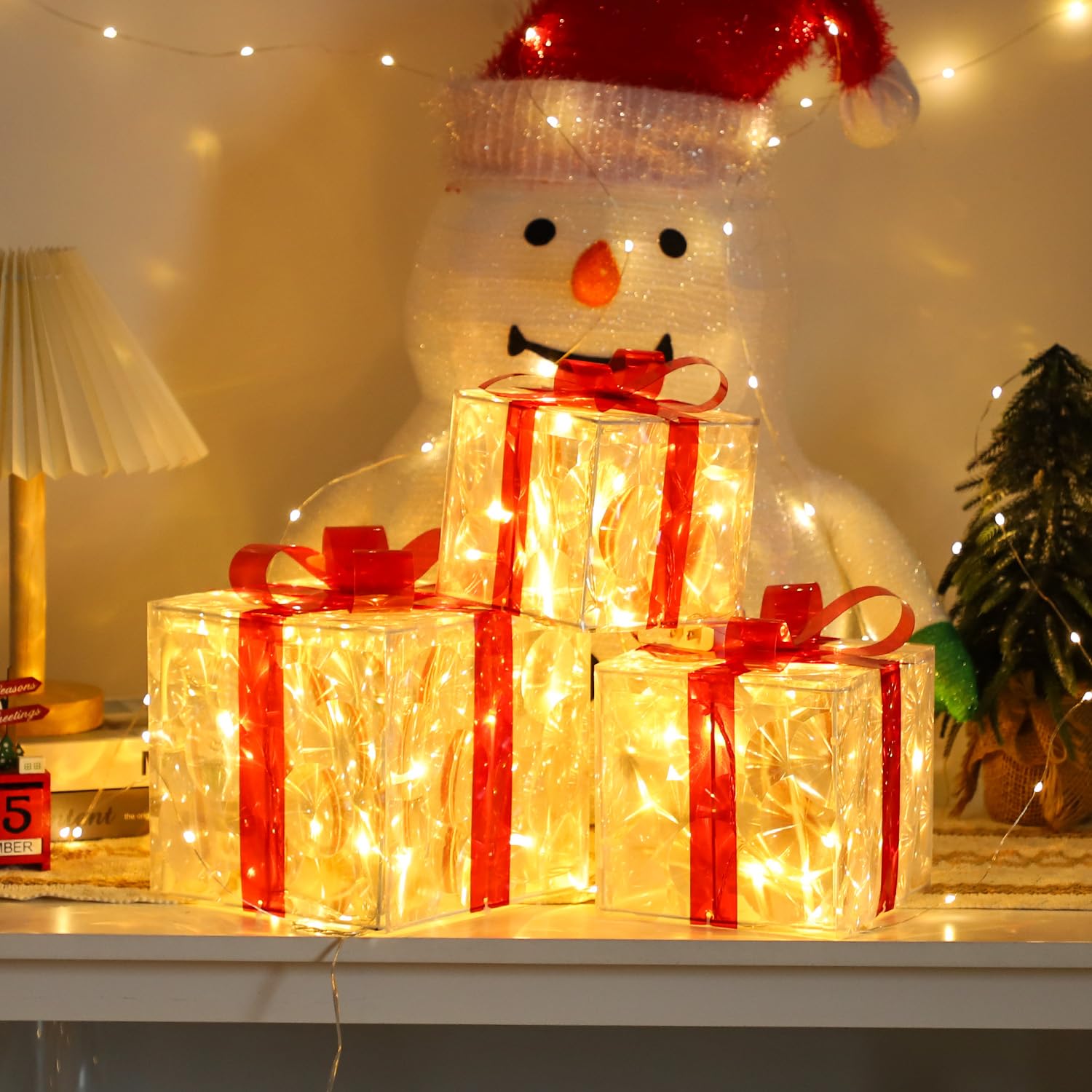 Cajas de regalo iluminadas de Navidad, juego de 3, regalos de oropel preiluminados con lazo, adorno de falda de árbol de Navidad iluminado, interior y exterior, enchufable (blanco cálido)