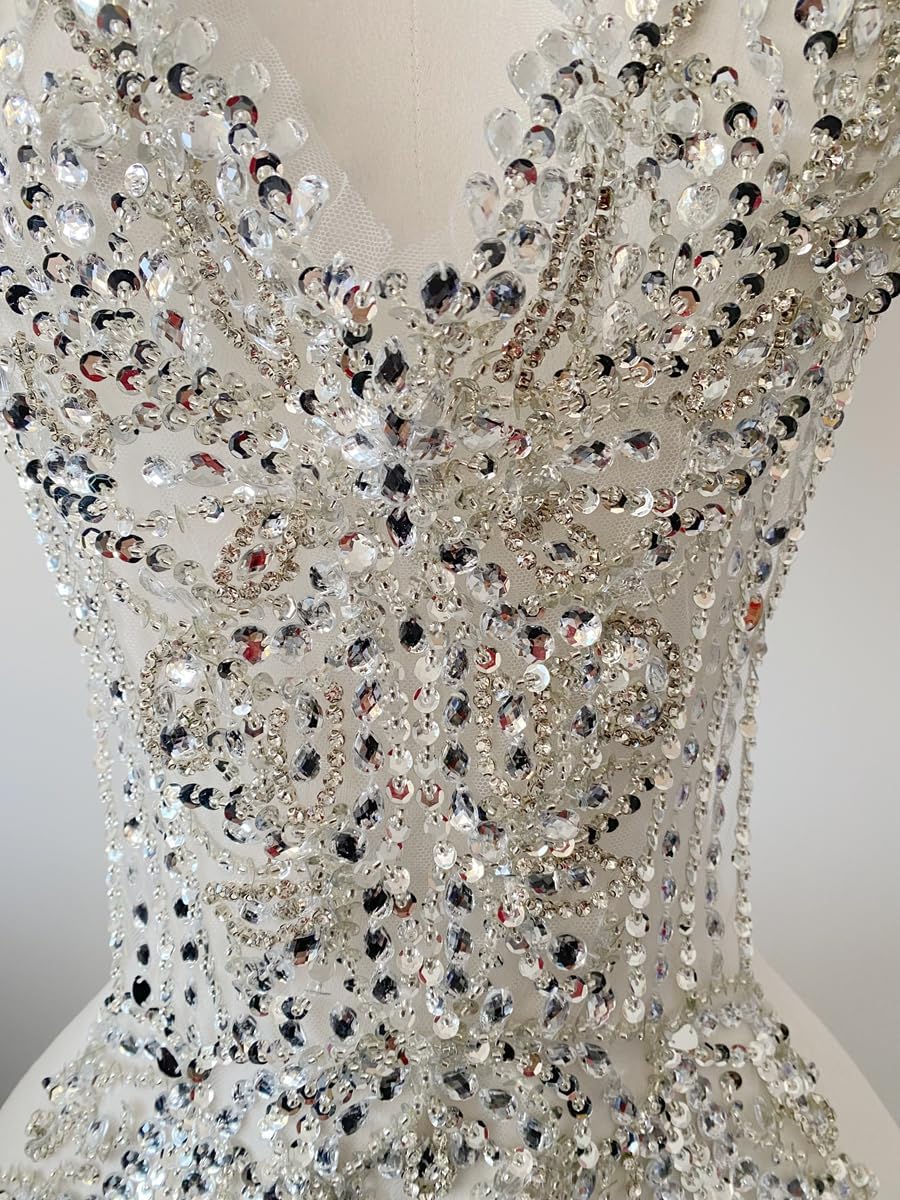 Large Size handsewing Rhinestones Bodice Applique sew on Crystal Beads Sequins Trim Patches Wedding Dress Decoration Accessories 13X16X22in (Silver)