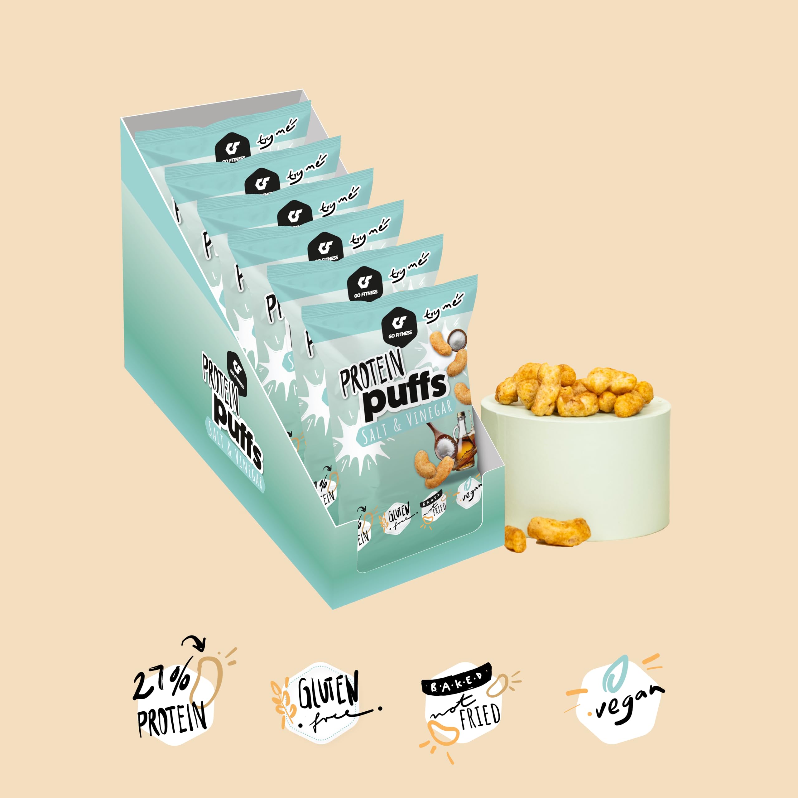 Go Fitness Nutrition – Protein Puffs – Salt & Vinegar – 6-Pack – Proteinreicher Snack, Wenig Zucker, Knusprig und Würzig
