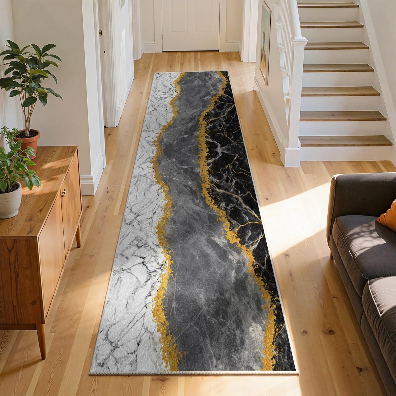 RICAUOU Modern Abstract Runner Rug for Hallway, 100x300cm Luxury Black Grey and Gold Marble Effect Hallway Runner, Non-Slip Washable Long Carpet for Entryway Kitchen Bedroom, Contemporary Design