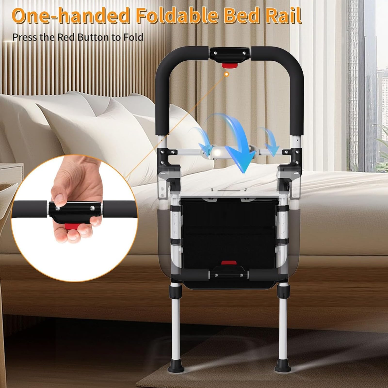 Supporto Del Letto Pieghevole A 180° Protezione Laterale Del Letto Di Sicurezza Carico Max. 150 Kg,Sponda Letto Anziani Maniglia Regolabile Con Tasca Di Stoccaggio