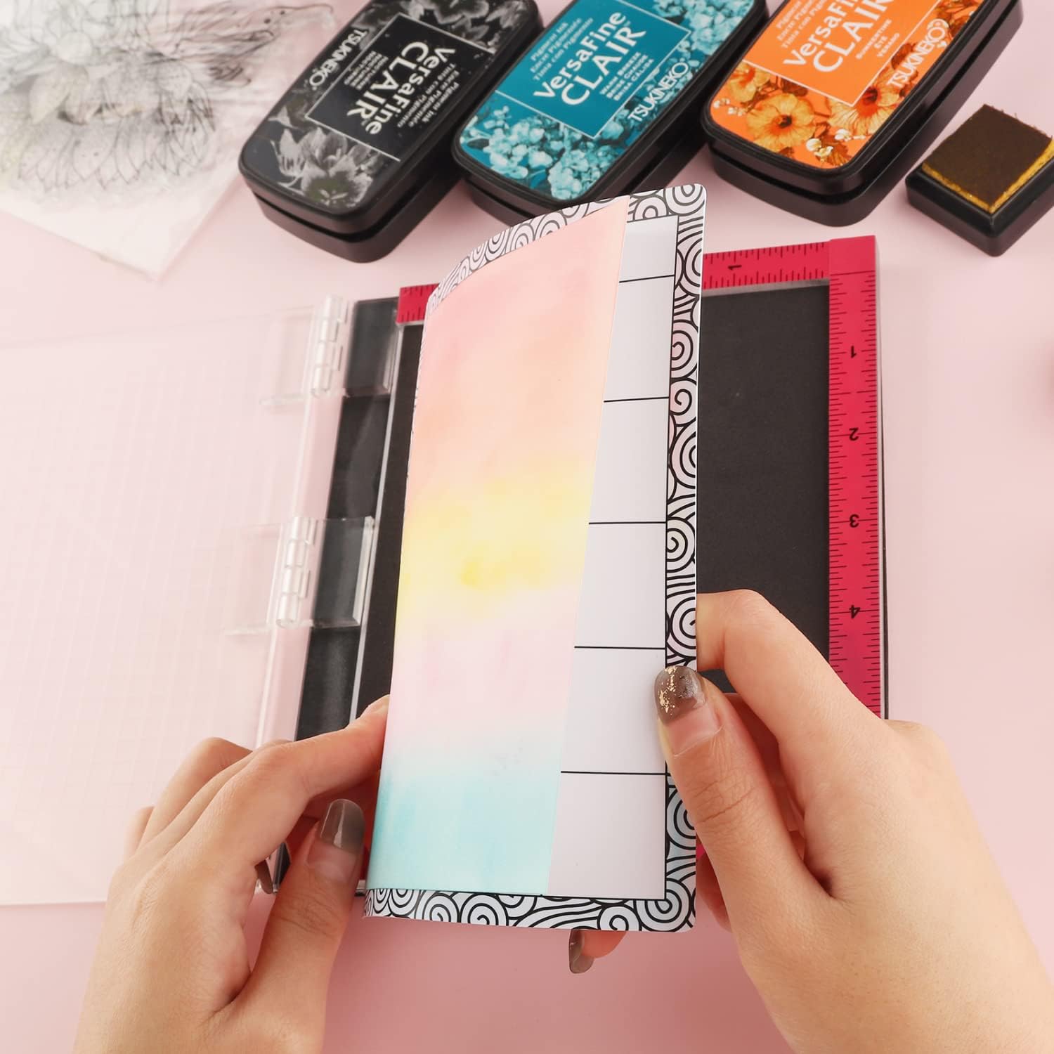 6PCS 4.75x6inch Mini Stick and Stamp Mat, Low Stcik Mat Multi-Use Low Tack Mat；for DIY Projects Paper Card Scrapbooking To Hold Project In Placeholding your stencil in place while ink blending.