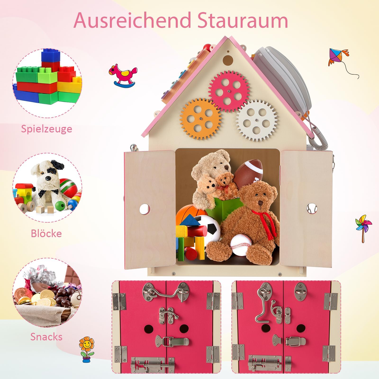 COSTWAY Kinder Spielhaus aus Holz, pädagogisches Spielzeughaus mit Sinnesspielen und Stauraum, sensorisches Lernspielzeug Montessori für die Feinmotorik, Aktivitätswürfel für Kinder ab 3 Jahren (Rosa)