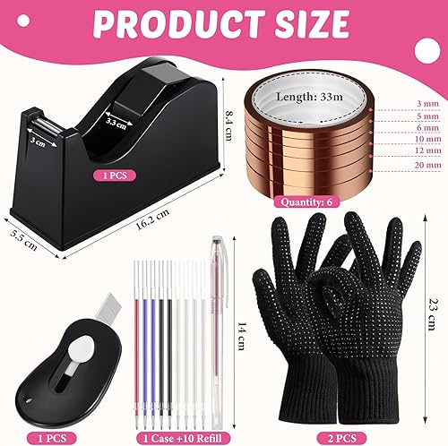 Miniatura 2 de Kosiz Juego de 20 dispensadores de cinta térmica, 6 cintas térmicas de varios tamaños para sublimación, 2 guantes de prensa resistentes con golpes