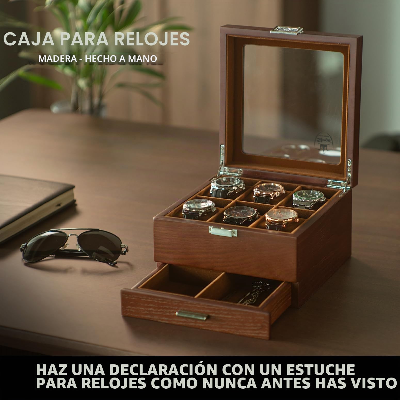 Slege Caja para Relojes Hecha a Mano de Madera, 6 Compartimentos y 2 Niveles con Cajón, Tapa de Madera con Ventana de Vidrio, Organizador Grande, Regalo Elegante para Hombre y Mujer